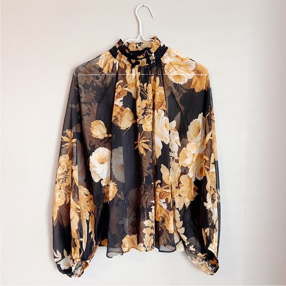 Shona Joy Henrietta High Neck Ruched Blouse Black Floral Gold Revolve Top Shirt - Picture 2 of 5